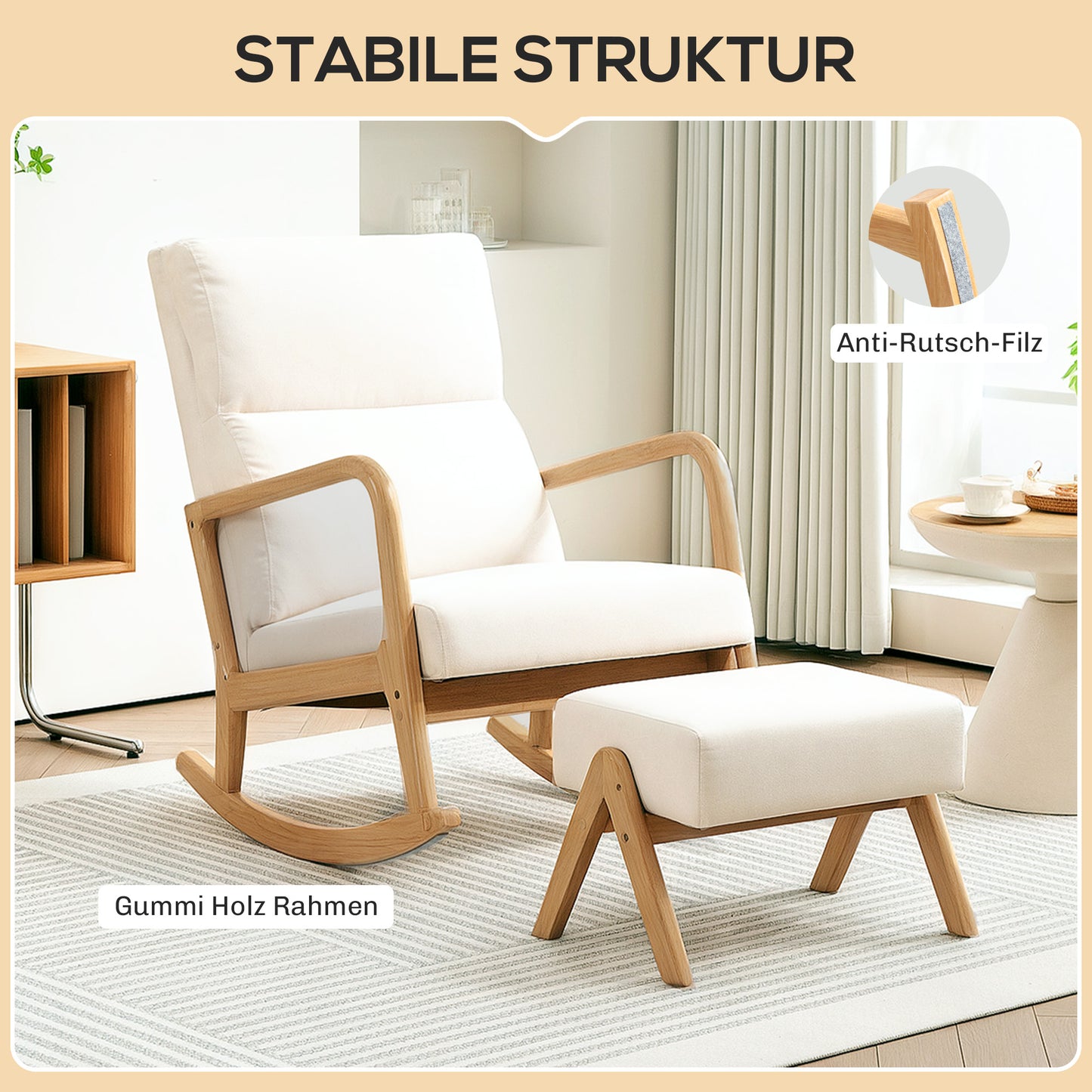 Schommelstoel – Schommelstoel Met Voetenbank – Relaxstoel – Loungestoel – Zitstoel – Crème – Stevig Houten Frame – Zachte Linnen Bekleding