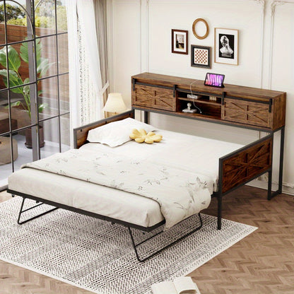 Slaapbank – Bedbank – Bankbed – Uitklapbank – 2-in-1 Sofa Bed – Zwart-Bruin – Met Opbergruimte Onder Zitting – Robuust Metaal-Hout Frame – Direct Gebruiksklaar Zonder Montage