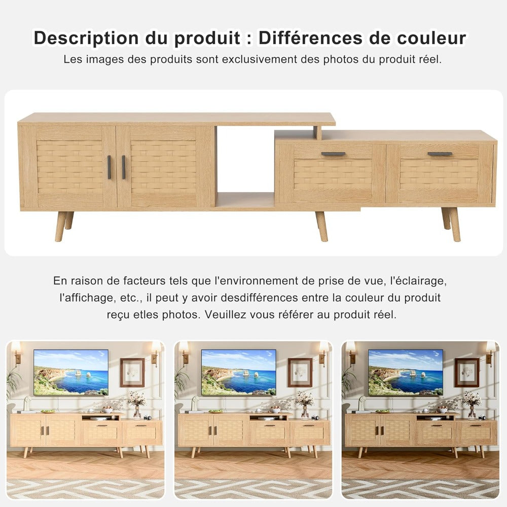 tv-meubel – tv-kast – dressoir – mediameubel – wandmeubel – Mid-Century Modern Design – Natuurlijke Rattan Accenten – 146x30x44 cm – MDF Hout