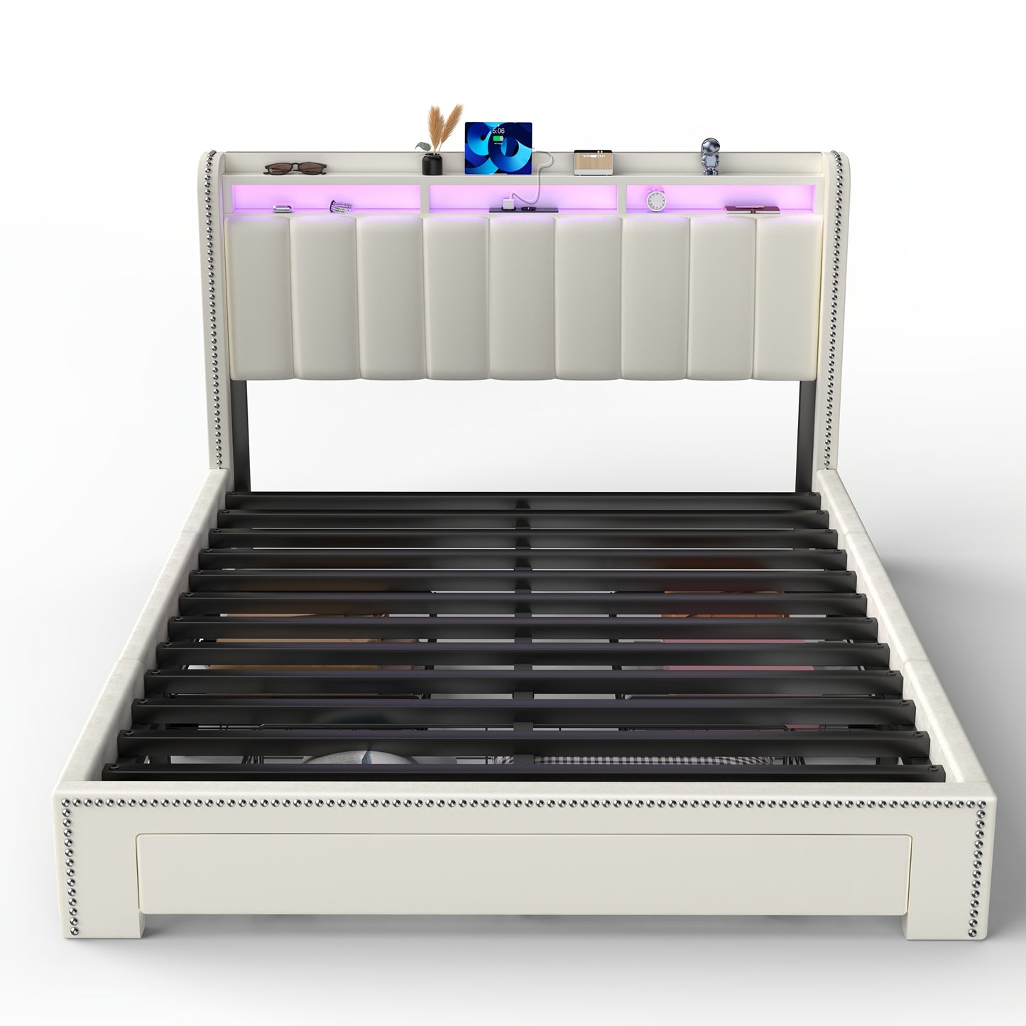 Bedframe – Bed – Bedframe Met Opbergruimte – Bed Met Laden – Gestoffeerd Bed – Modern Bedframe 160x200 cm – Met 3 Laden & Hoofdbord Opbergruimte – USB LED Verlichting Met Oplaadstation