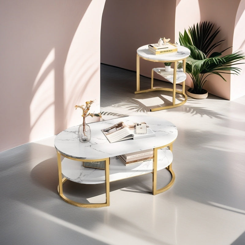Ronde Salontafel – Bijzettafel – Koffietafel – Bijzettafeltje – Set van 2 – Modern Design – Marmerfineer & Metalen Frame – Ruimtebesparend – Stevig Tot 30 kg