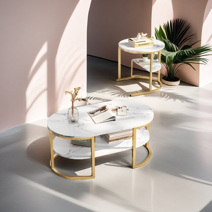 Ronde Salontafel – Bijzettafel – Koffietafel – Bijzettafeltje – Set van 2 – Modern Design – Marmerfineer & Metalen Frame – Ruimtebesparend – Stevig Tot 30 kg
