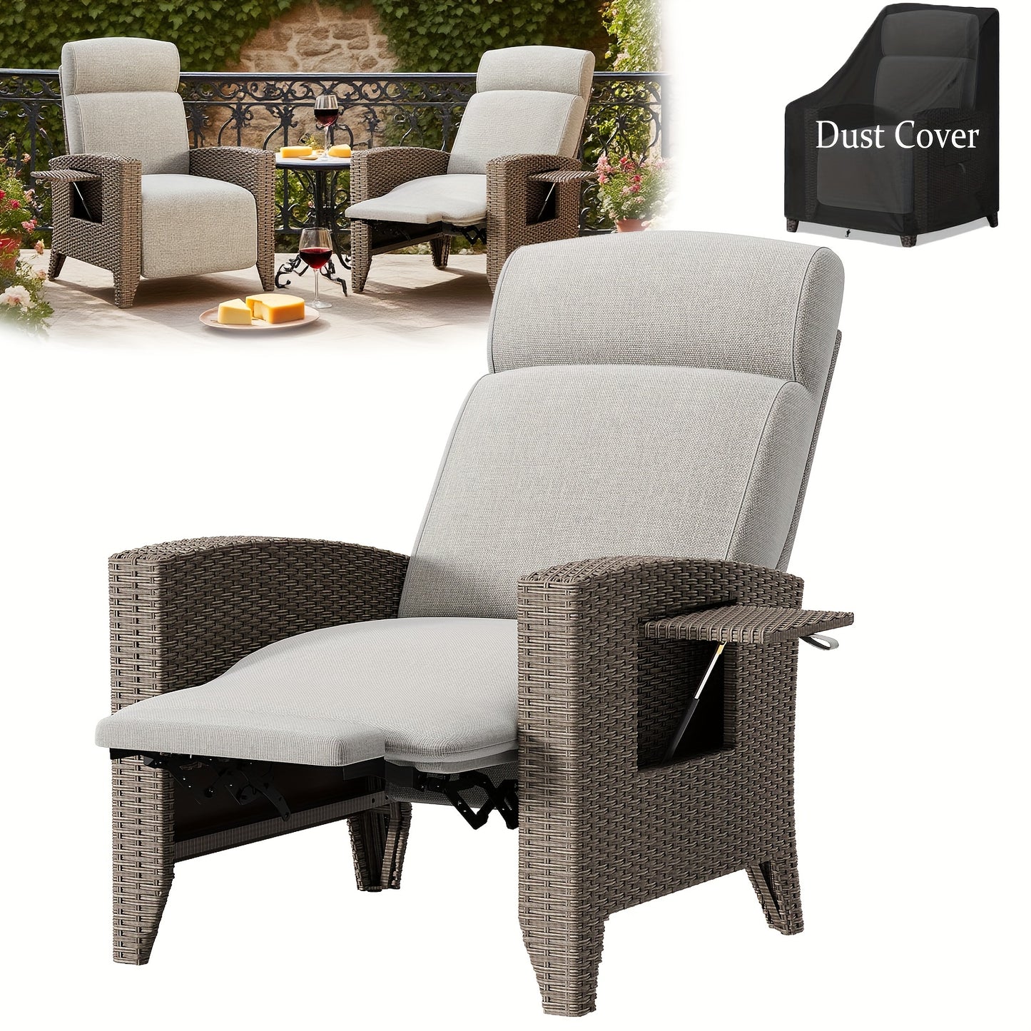 Ligbed – Lounger – Zonnebed – Ligstoel – Tuinstoel – Verstelbare Rugleuning 95°-165° – Inclusief Inklapbare Zijtafel en Dust Cover