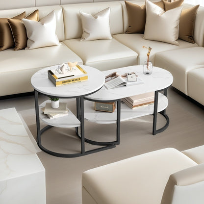 Salontafel – Bijzettafel – Koffietafel – Tafelset – Nesting tafels – Ruimtebesparend – MDF Marmeren Fineer – Zwart Metalen Frame – Set van 2 – Modern Ronde Design – Black2