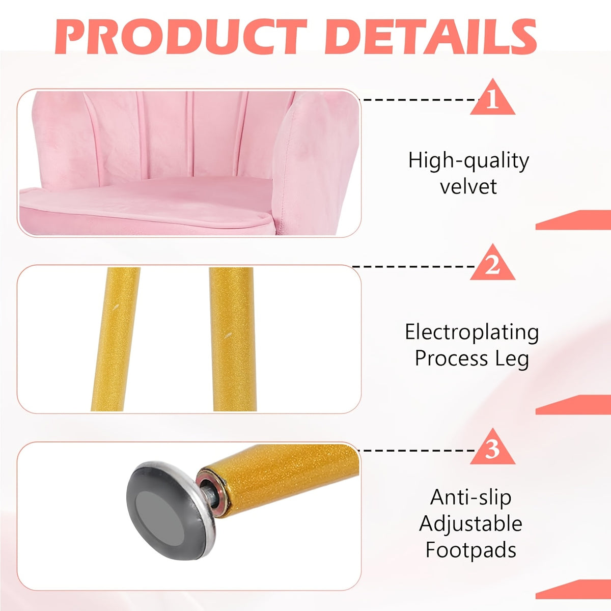 Pink Velvet Dressing and Dining Chair | Petal-shaped Backrest and Armrests with Golden Metal Legs, Suitable for Bedroom, Dining Room, Study - MSFE