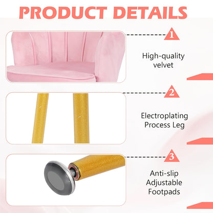 Pink Velvet Dressing and Dining Chair | Petal-shaped Backrest and Armrests with Golden Metal Legs, Suitable for Bedroom, Dining Room, Study - MSFE