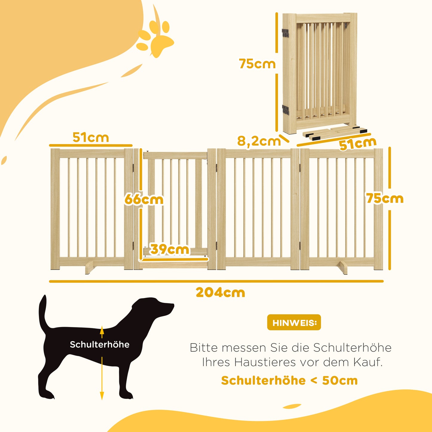 Houten Hondenren – Hondenhek – Hondenplaat – Huisdierenren – Speelren – Natuurlijk Massief Dennenhout – Flexibel 4 Panelen 204x36x75 cm