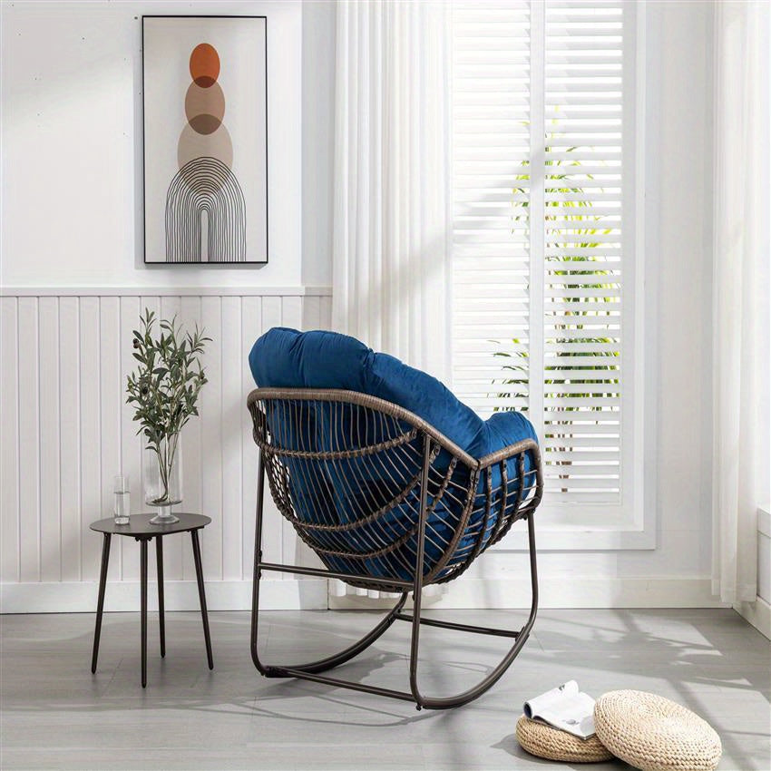 Rattan Lounge Schommelstoel – Loungestoel – Schommelstoel – Tuinstoel – Veranda Stoel – Marineblauw – Handgeweven Synthetisch Rattan – Stevig Gepoedercoat Stalen Frame
