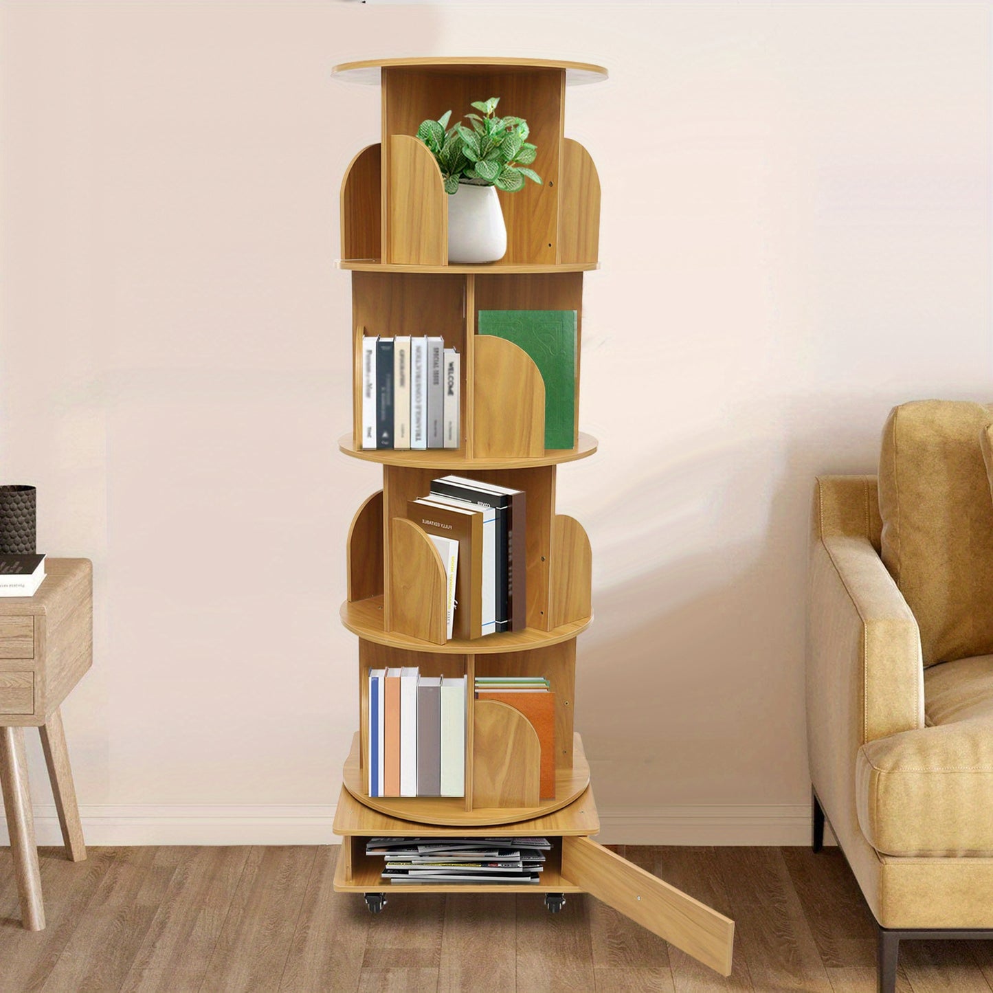 Vierlaagse Boekenkast – Boekenrek – Opbergkast – Tijdschriftenrek – Kantooropberger – Natuurlijk Hout – Vier Wieltjes – Ruime Opbergruimte