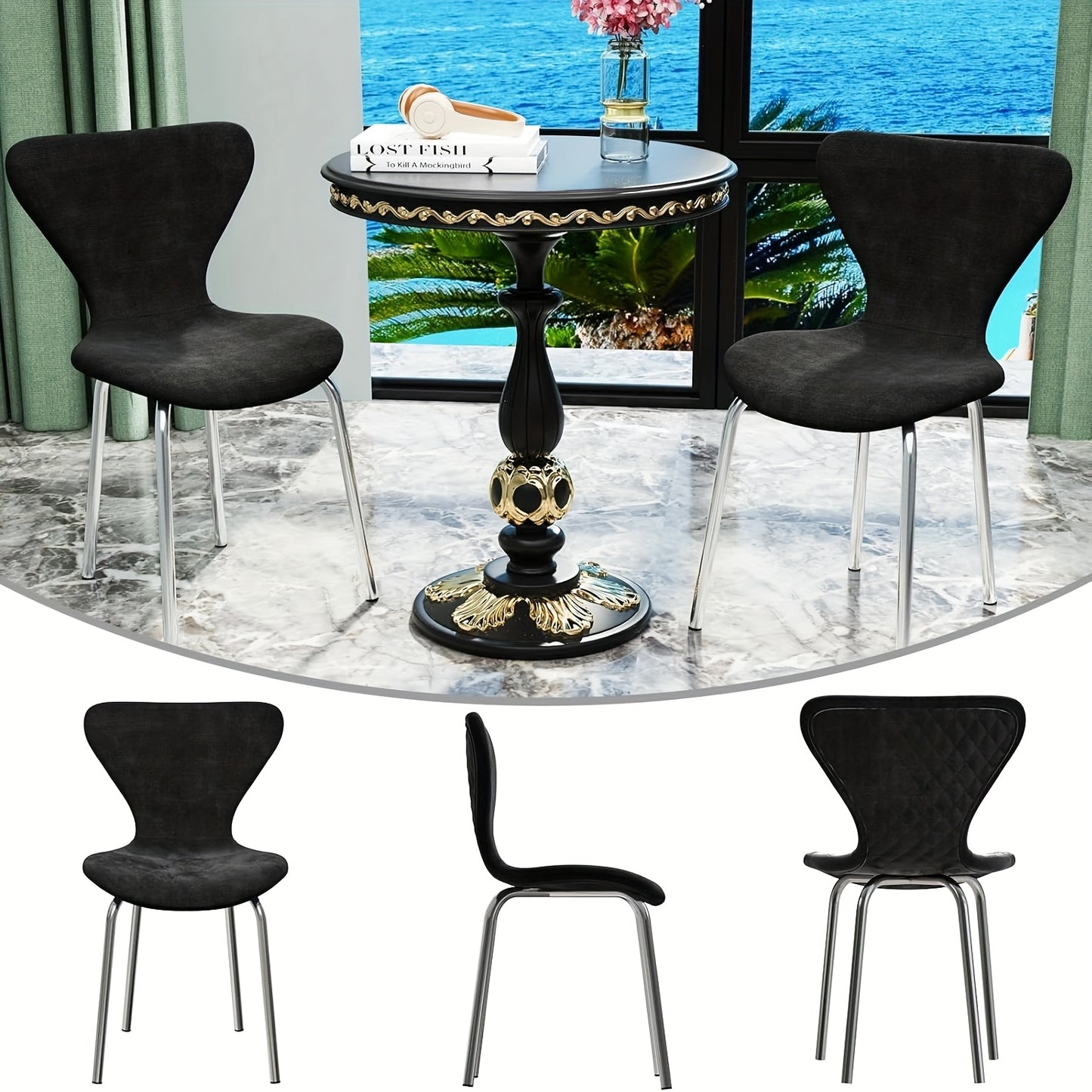 Eetkamerstoelen – Stoelen – Stoel – Zithoekstoelen – Eettafelstoelen – Set van 2 Zwart – Fluwelen Bekleding – Ergonomisch Met Metalen Frame – Zithoogte 40 cm