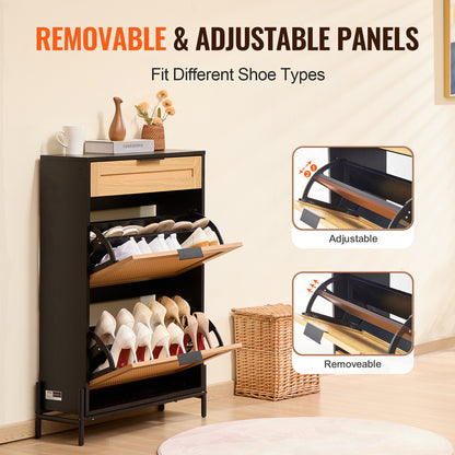 Schoenenkast – Schoenenrek – Schoenenopberger – Schoenentoren – Schoenenkastje – Zwart Rotan – 2 Klaplades & 1 Schuiflade – Compact & Ruimtebesparend
