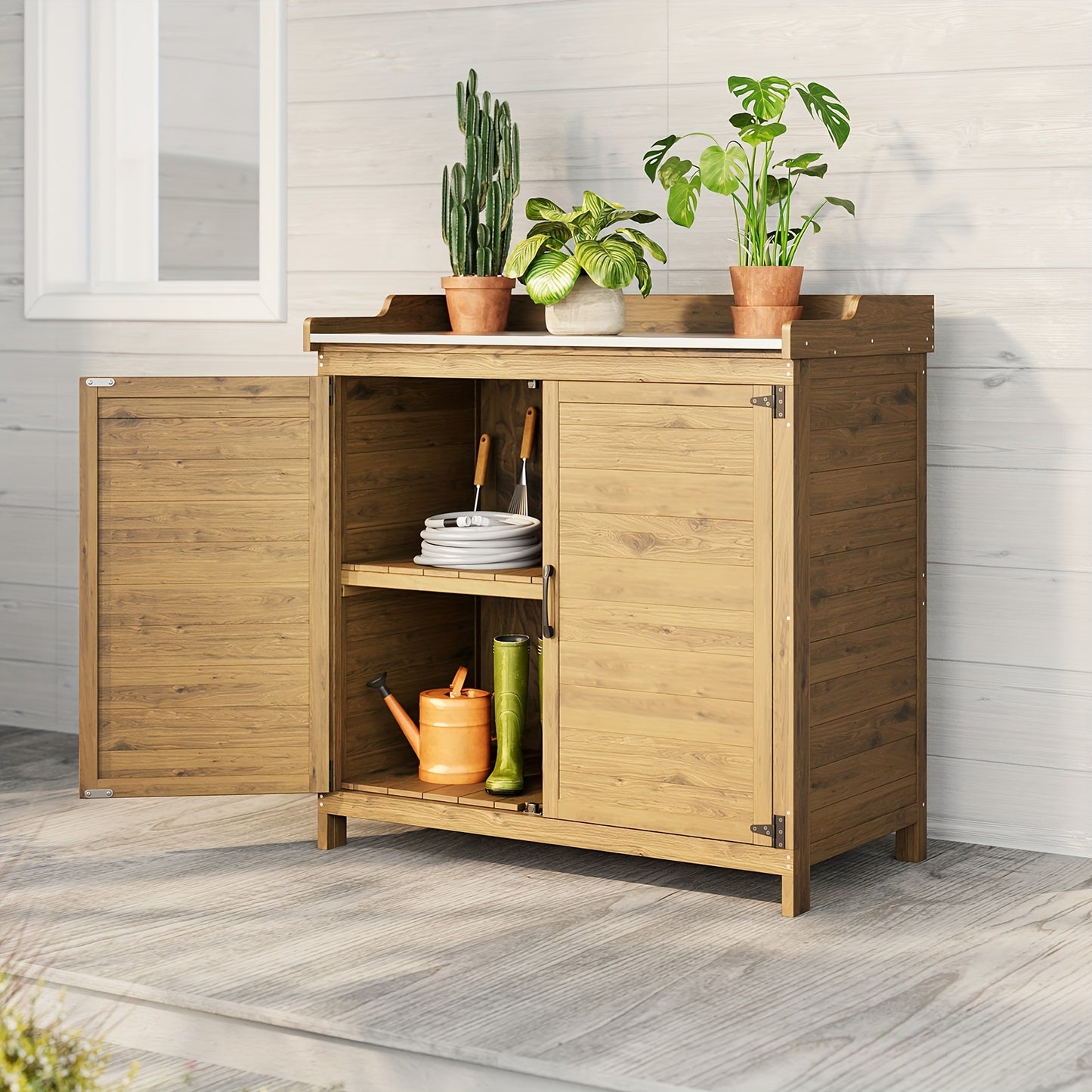 Buitenwerkbank – Tuinwerkbank – Werktafel – Opbergkast – Pottafel – Stevig Houten Frame – Metalen Werkblad