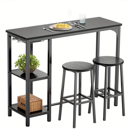 Barset – Barkrukken – Bartafel – Barlounge – Industrieel Meubel – Zwart Gietijzer Frame – Massief Houten Blad – Opberglade En Glashouder