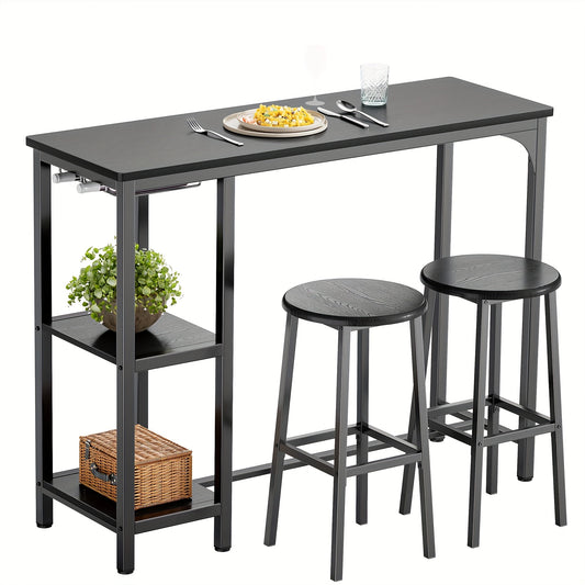 Barset – Barkrukken – Bartafel – Barlounge – Industrieel Meubel – Zwart Gietijzer Frame – Massief Houten Blad – Opberglade En Glashouder