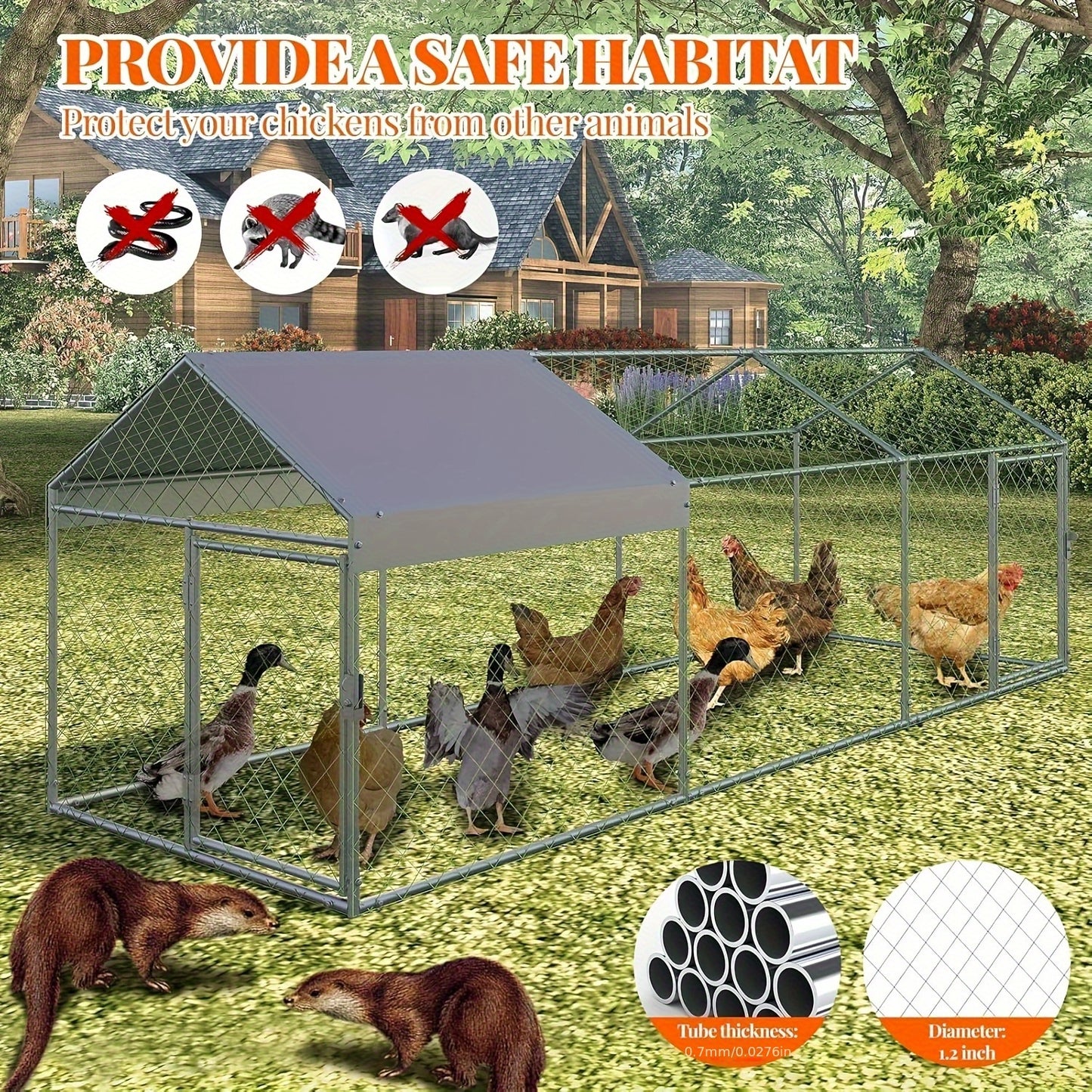 Kippenren – Kipren – Pluimveren – Buitenren – Dierenren – Metaal – Waterdicht Dak – 3,05 x 1,02 x 1,02 m – UV-Bestendig – Voor 12-20 Kippen – Silvery