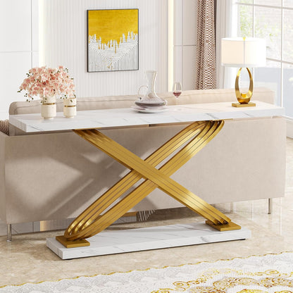 Sidetable – Consoletafel – Wandtafel – Haltafel – Bijzettafel – Wit Faux Marmeren Blad – Gouden Metalen Frame – Smal Design 140x33x80 cm