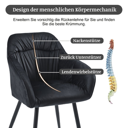 Eetkamerstoel – Stoel – Kuipstoel – Keukenstoel – Woonkamerstoel – Set van 6 – Fluwelen Bekleding – Metalen Poten – Met Armleuning – Verstelbare Voorpoten – Zwart – Eigentijds Design