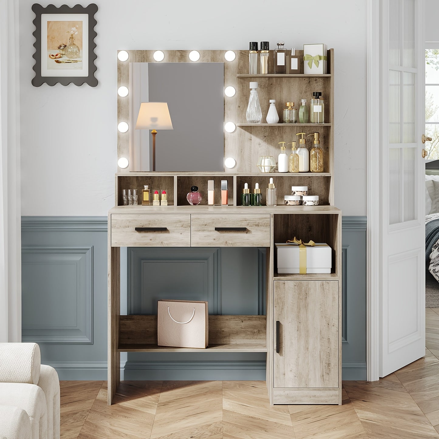 Makeuptafel – Kaptafel – Cosmeticatafel – Vanitafel – Make-up tafel – Verlichte Spiegel Met 10 LED – 90x40x140 cm Hout