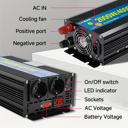 Omvormer – Spanningsomvormer – Stroomomzetter – Power Inverter – Zuivere Sinus – 2000W Continu / 4000W Piek – Aluminium Behuizing met LCD-display