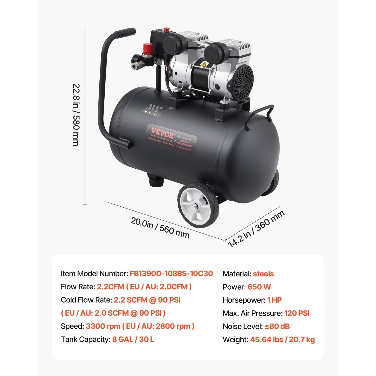 Luchtcompressor – Compressor – Air Compressor – Olievrije Compressor – Mobiele Compressor – Compact Design – 8 Gallon Tank – 90 PSI Druk