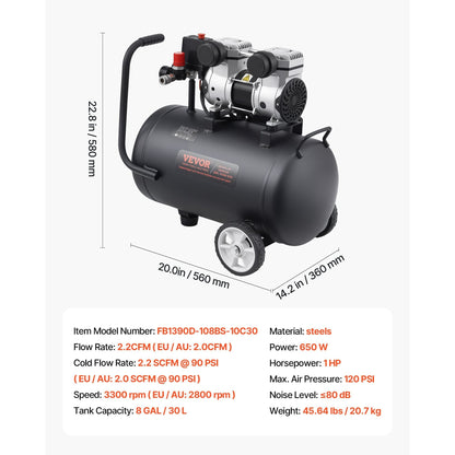 Luchtcompressor – Compressor – Air Compressor – Olievrije Compressor – Mobiele Compressor – Compact Design – 8 Gallon Tank – 90 PSI Druk
