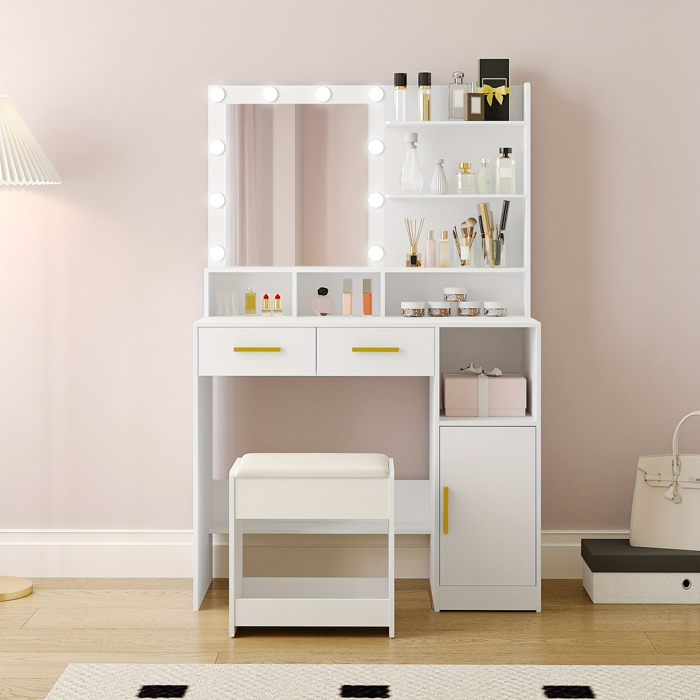 Dressing Table with Stool, with Mirror And 10 LED Lights, Adjustable Brightness, Dressing Table with 2 Drawers & 1 Cabinet, White