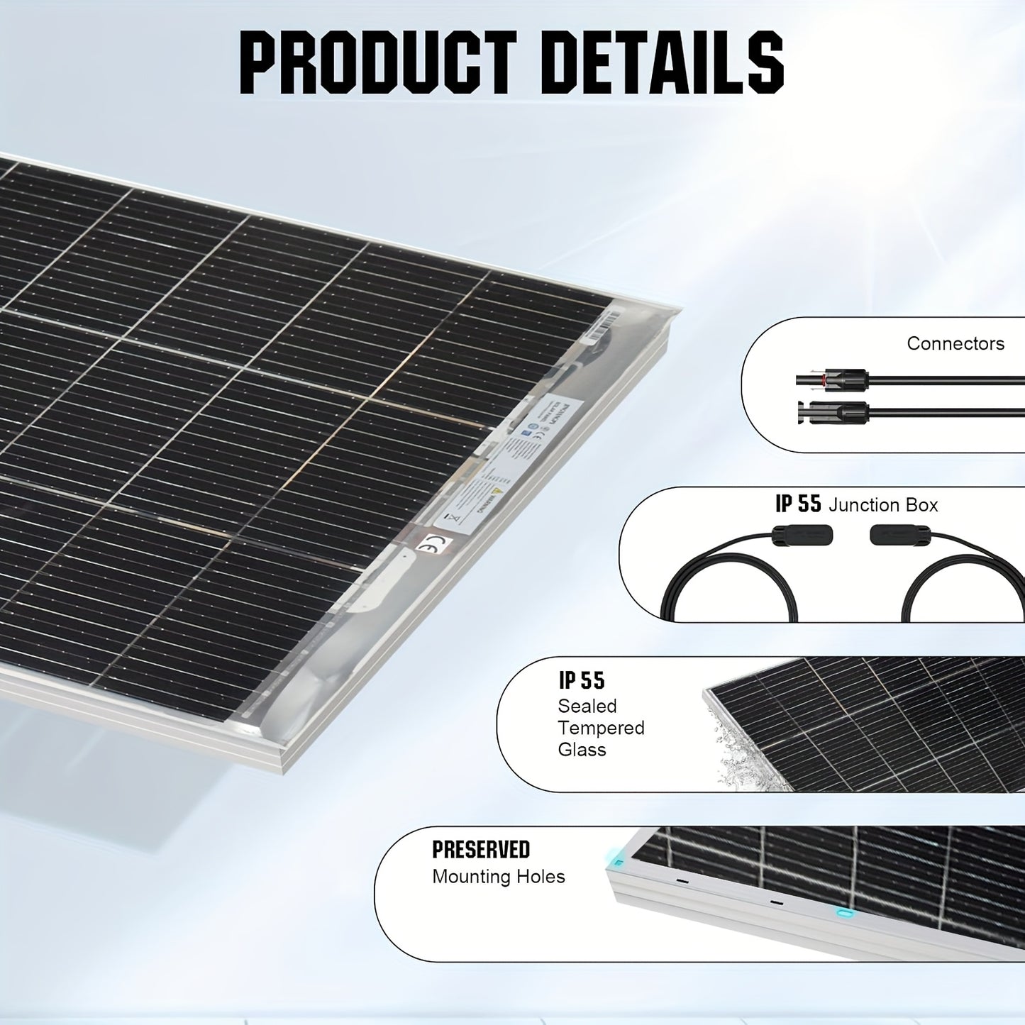 120W Zonnepaneel – Solar Paneel – Photovoltaïsch Paneel – Rigid Zonnepaneel – Transparant Zonnepaneel – Monokristallijn Silicium – Compact & Licht Gewicht – Inclusief 90cm Kabel