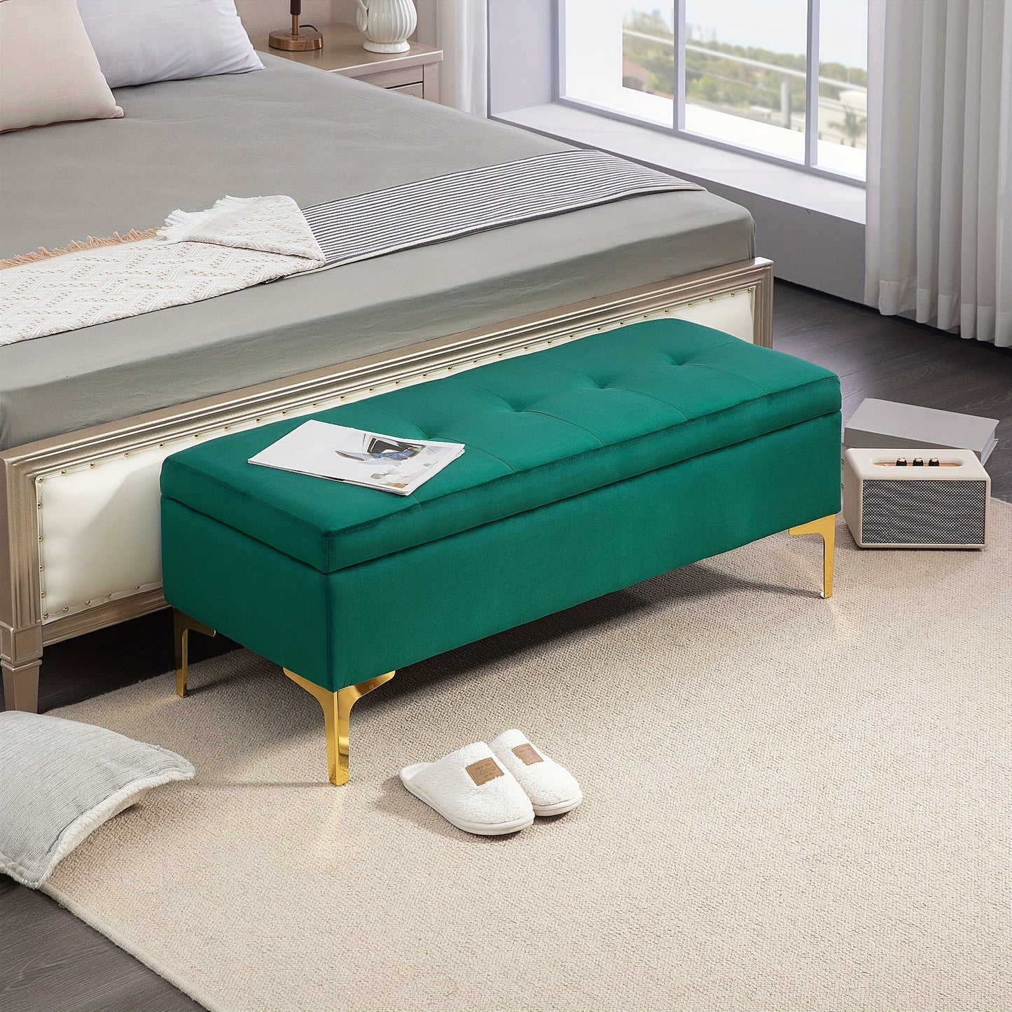 Poef – Zitzak – Voetenbankje – Kruk – Bankje – Opbergruimte – Fluwelen Bekleding – 120x44x44,5 cm – Metalen Poten – Groen