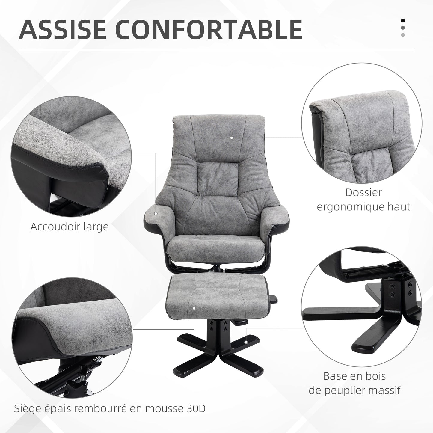 HOMCOM Reclining Lounge Chair with Footrest, 360° Swivel, Microfiber Upholstery, Solid Wood Legs, Thick Padded Seat, Gray, 135 cm