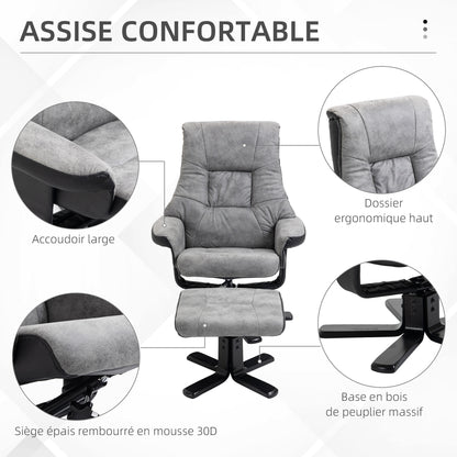 HOMCOM Reclining Lounge Chair with Footrest, 360° Swivel, Microfiber Upholstery, Solid Wood Legs, Thick Padded Seat, Gray, 135 cm