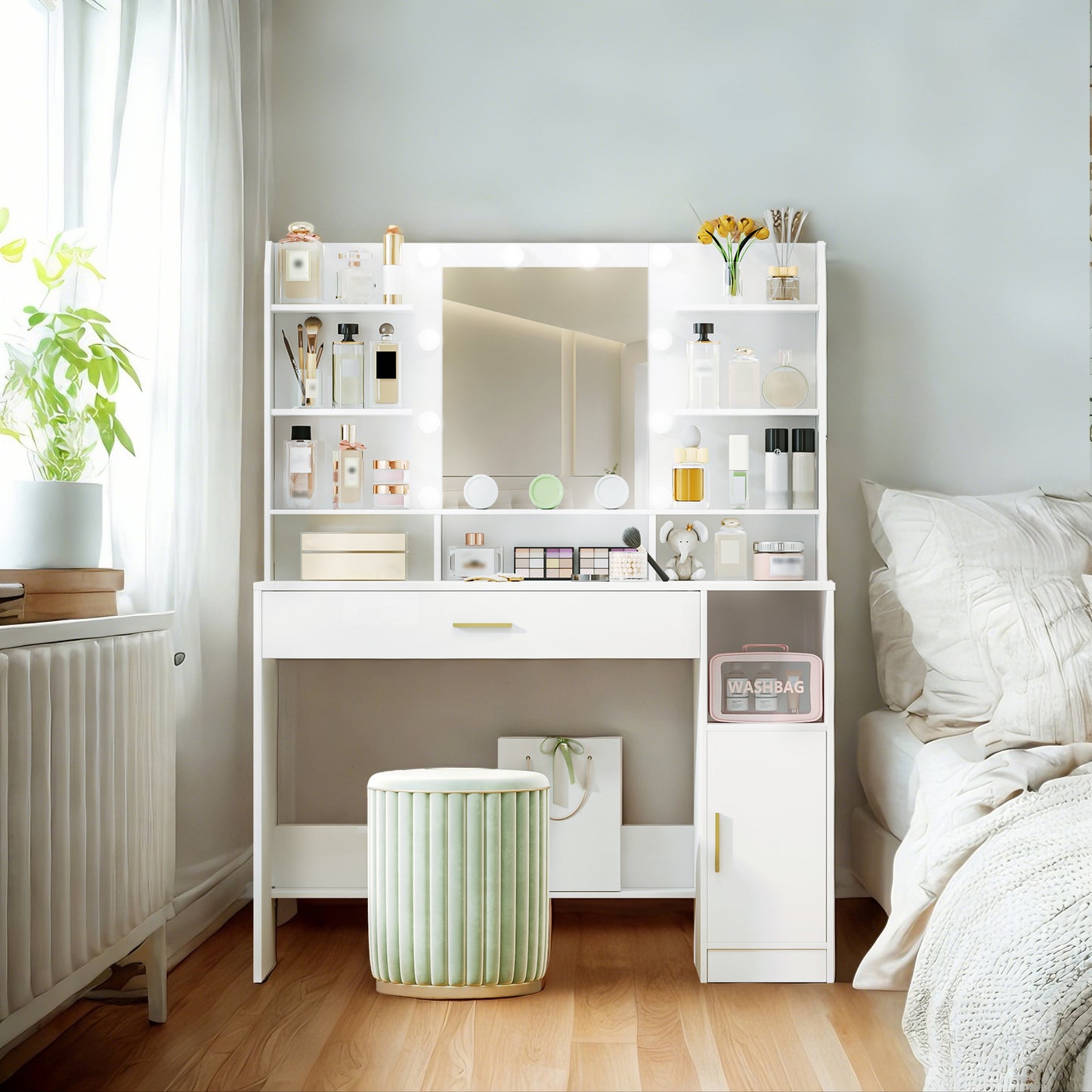 Make-up Tafel – Kaptafel – Dressoir – Sieradendoos – Make-up Kast – Witte Make-up Tafel – Ingebouwde LED-verlichting – Ruime Opberglades en Open Vakken