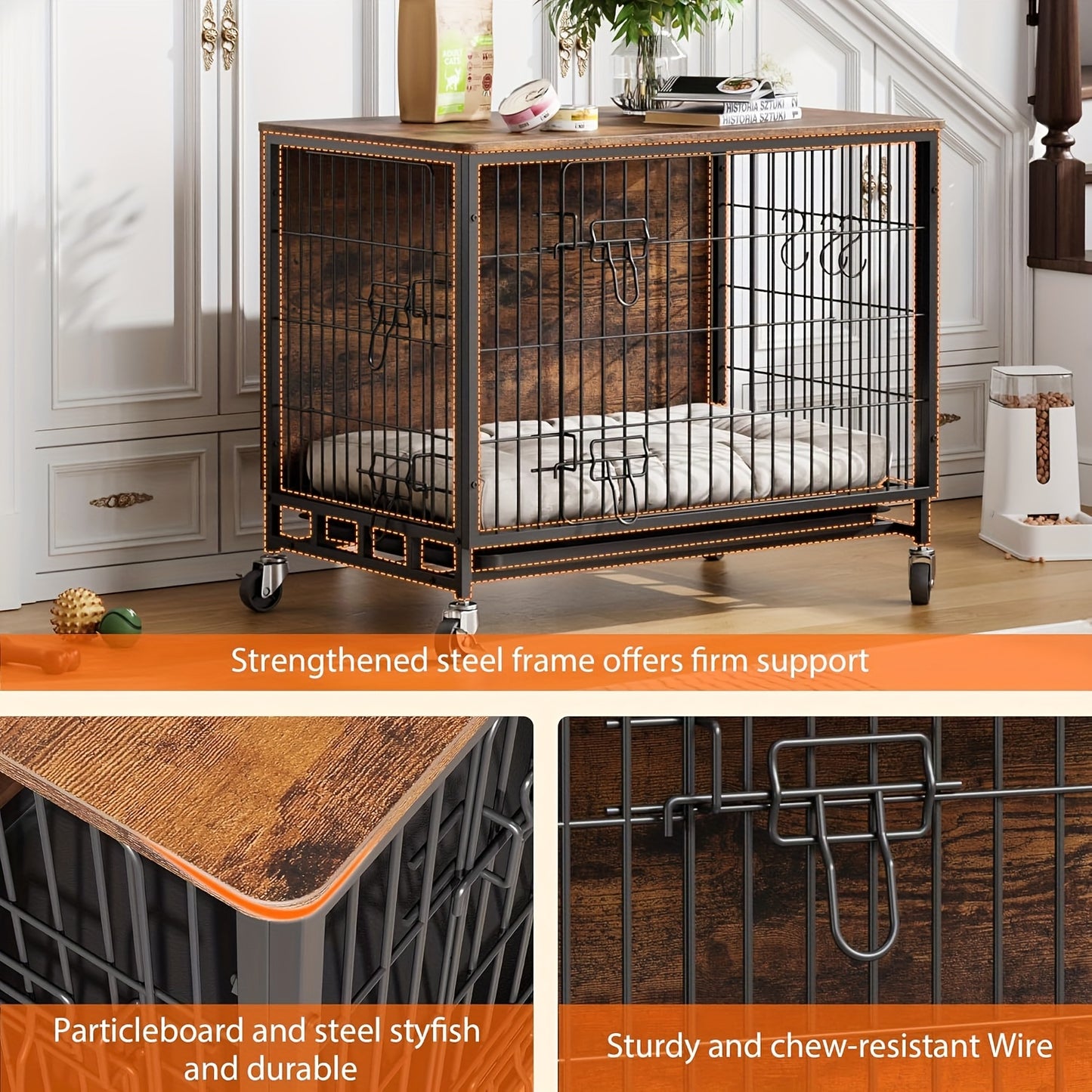 Hondenbench – Hondenkennel – Hondenkooi – Hondenkooi Binnen – Hondenhok – Groot formaat – IJzeren constructie – Dubbele deuren – Verrijdbaar met 4 wielen – Afneembare tray – Bruin meubeldesign