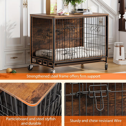 Hondenbench – Hondenkennel – Hondenkooi – Hondenkooi Binnen – Hondenhok – Groot formaat – IJzeren constructie – Dubbele deuren – Verrijdbaar met 4 wielen – Afneembare tray – Bruin meubeldesign