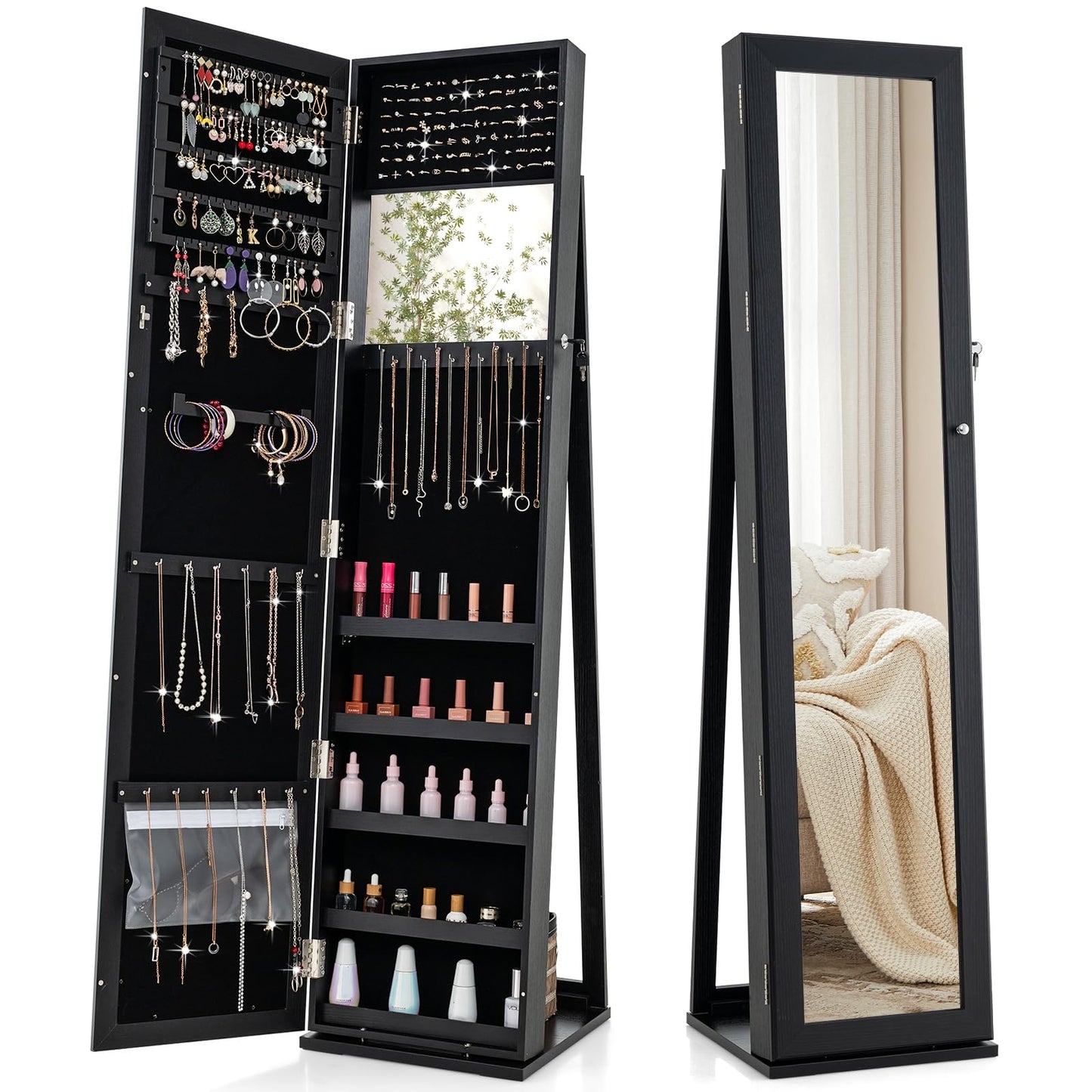 Sieradendoos – Juwelendoos – Sieradenkast – Sieraden Opberger – Sieradendoosje – Met Slot – Vrijstaand – Met Volledige Spiegel – MDF – Zwart – Luxe Opbergmeubel – Fluwelen Voering