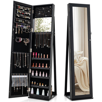 Sieradendoos – Juwelendoos – Sieradenkast – Sieraden Opberger – Sieradendoosje – Met Slot – Vrijstaand – Met Volledige Spiegel – MDF – Zwart – Luxe Opbergmeubel – Fluwelen Voering