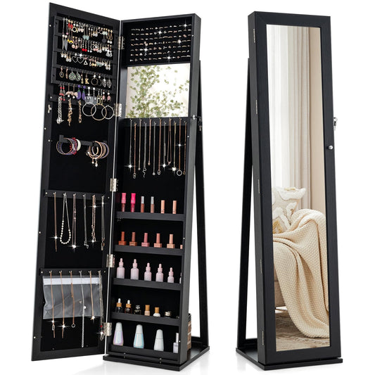 Sieradendoos – Juwelendoos – Sieradenkast – Sieraden Opberger – Sieradendoosje – Met Slot – Vrijstaand – Met Volledige Spiegel – MDF – Zwart – Luxe Opbergmeubel – Fluwelen Voering