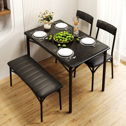 Eettafelset – Eettafel – Stoelen – Bankje – Diningset – Zwart – Compact Formaat – Hardhouten Frame