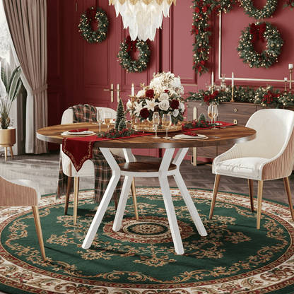 Ronde Eettafel – Eetkamertafel – Keukentafel – Tafel – Ontbijttafel – Modern Design – 119 cm Diameter – Wit Met Gouden Accenten – Gefineerd Hout – Metalen Centrale Poot – Ruimtebesparend – Eenvoudig Zelf Te Monteren