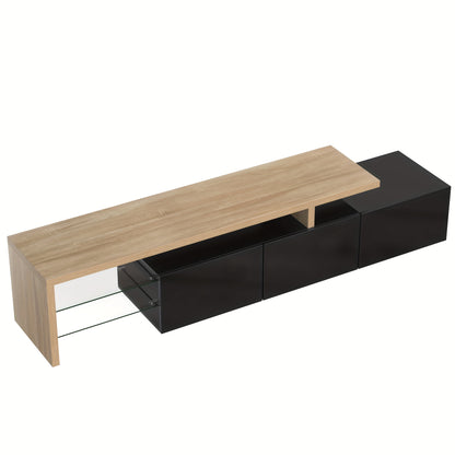 Modern TV Stand with Glass Shelves & Wood-Look Finish - High-Gloss Black Metal Frame, Practical Storage Space, Minimalist Design for Living Room Entertainment, Entertainment Unit, Decorative Accents, Sleek Construction