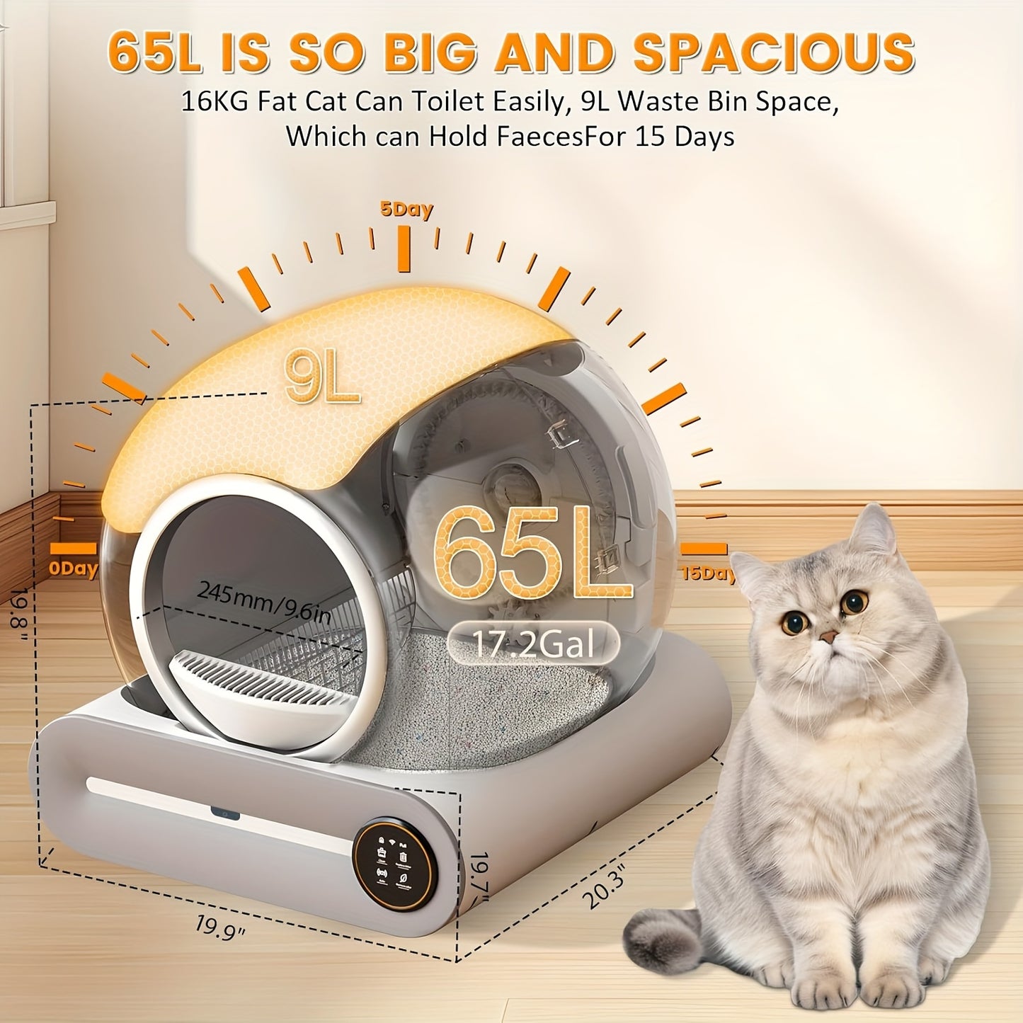 Automatische Kattenbak – Zelfreinigende Bak – Slimme Kattenbak – Kattenbak Voor Meerdere Katten – Witte Kattenbak – 65L + 9L Capaciteit – Negatieve Ion Luchtzuivering – App-Controle En Monitoring