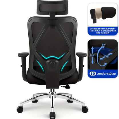 Bureaustoel – Office Chair – Gamestoel – Draaistoel – Bureaustoelen Voor Volwassenen – Ergonomisch Design – Verstelbare Lendensteun & Hoofdsteun – Roestvrij Stalen Frame – Kantelfunctie 135° – Geschikt Voor Harde Vloer