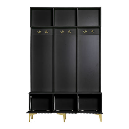 Halbank – Schoenenbank – Opbergbank – Kastbank – Kapstok – Zwart – Gouden Haken – 120 cm Breed – Ruimtebesparend – Eenvoudige Montage