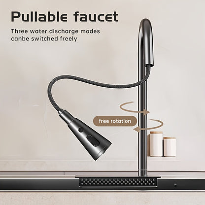 80×45cm Contemporary Rectangular Stainless Steel Kitchen Sink, Flying Rain Waterfall Effect, Right Side Draining with Pull-Down Tap and Cutting Board & Glass Rack Included Multiple Accessories Easy Installation Suitable for