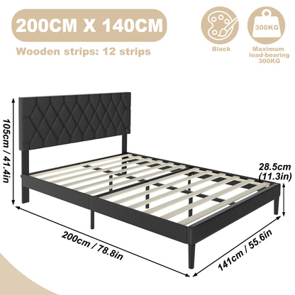 Upholstered Bed Frame – Gestoffeerd Bed – Bedframe – Platformbed – Bed Met Hoofdbord – Zwart 140x200 cm – Linnen Bekleding – Stil Geluidloze Lattenbodem