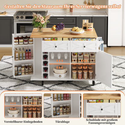 Keukentrolley – Keukenwagen – Serveerwagen – Keukenrek – Keukenkast – Inklapbaar Werkblad 70 cm – Stevig MDF Met Wieltjes Wit