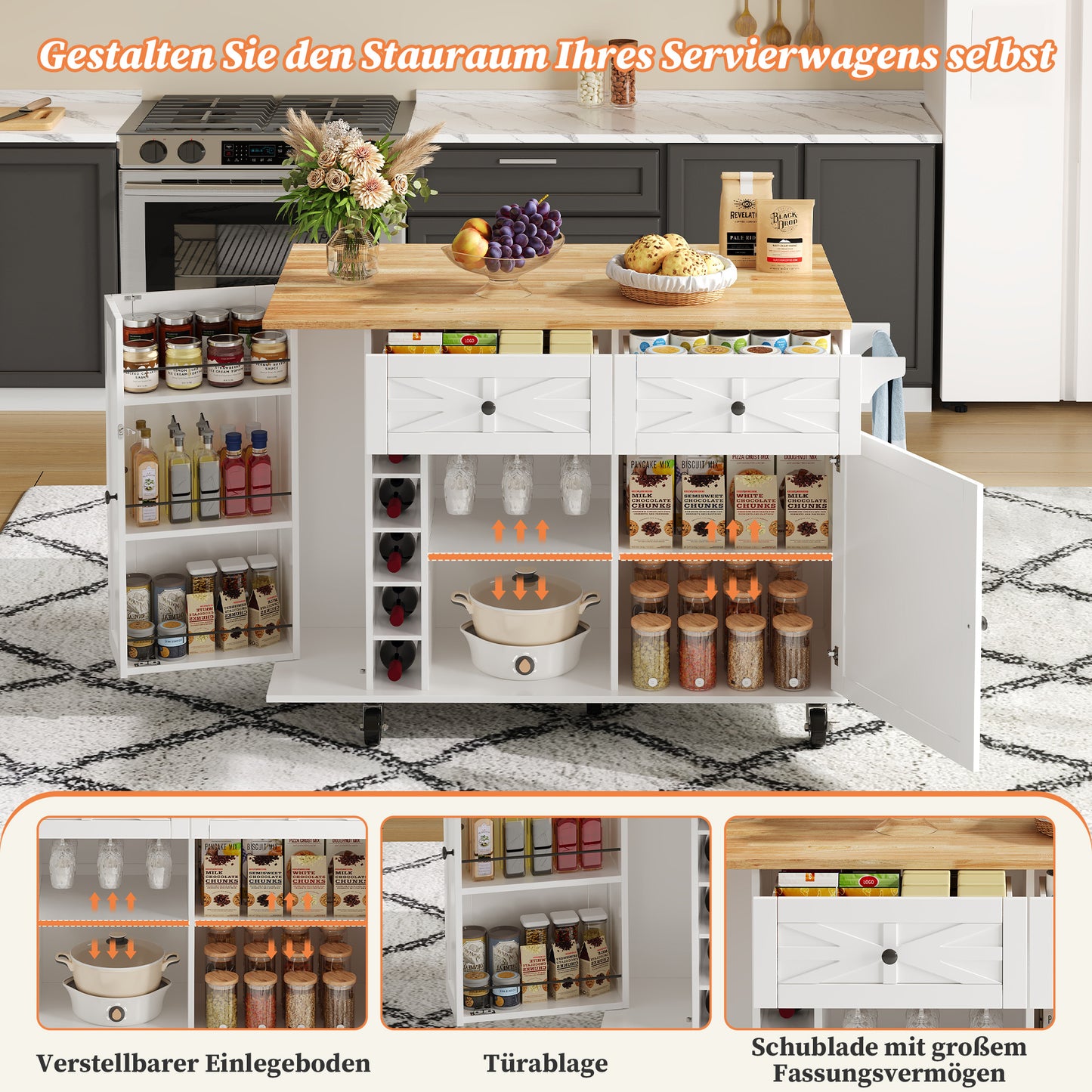 Keukentrolley – Keukenwagen – Serveerwagen – Keukenrek – Keukenkast – Uitklapbaar Werkblad – MDF Houtlook – Verrijdbaar met Vergrendelbare Wielen – 120x45(70)x89 cm – Zwart