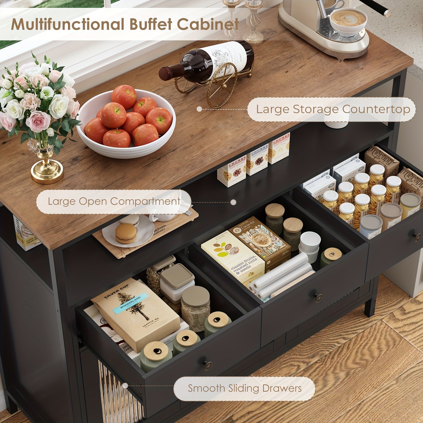 Opbergkast – Sideboard – Dressoir – Kast – Wit – Glazen Deuren – Verstelbare Planken – Ruime Opbergruimte – Eenvoudige Montage
