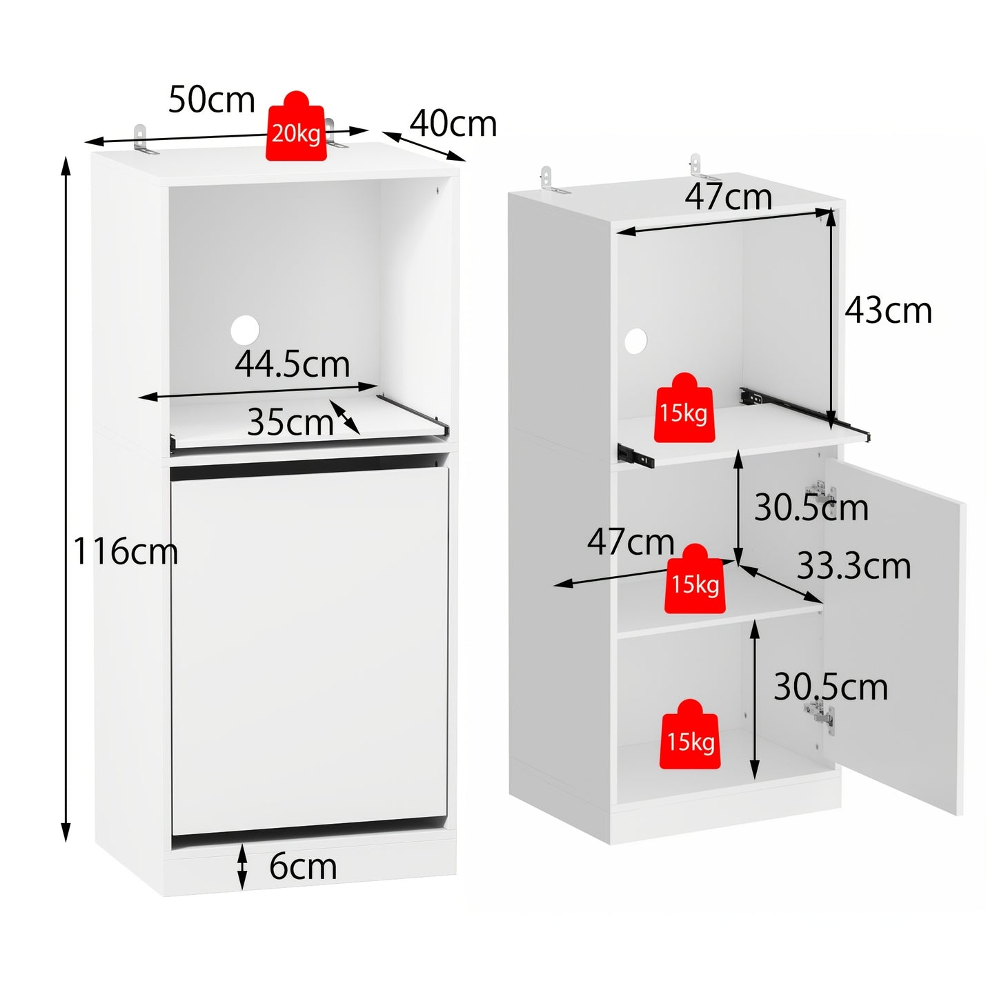 Kast – Opbergkast – Dressoir – Garderobekast – Meubel – Wit MDF – Uitschuifbare Lade – Compact 50 cm Breed