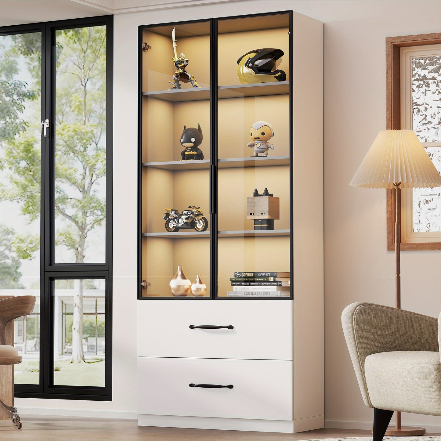 Vitrinekast – Vitrinekast Modern – Bergkast – Displaykast – Opbergkast – 160x80x40 cm – Wit Glas en Metaal – Zacht Sluitende Deuren en Lades