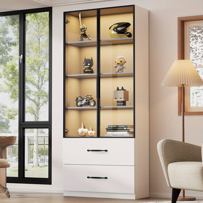 Vitrinekast – Vitrinekast Modern – Bergkast – Displaykast – Opbergkast – 160x80x40 cm – Wit Glas en Metaal – Zacht Sluitende Deuren en Lades